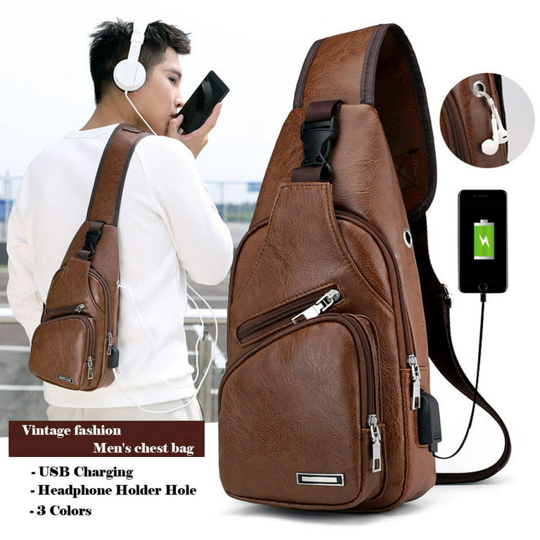 Mens Shoulder Bag  USB Charging Sling Chest Pack Outdoor Sport Crossbody Handbag
